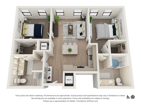 Floor plan for 2 beds, 2 baths, 967 sqft
